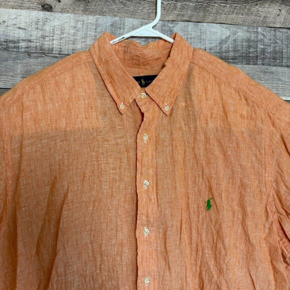 Ralph Lauren 100% Linen Shirt Mens 2XB Orange Button Up Pony Breathable Comfort - Picture 4 of 8